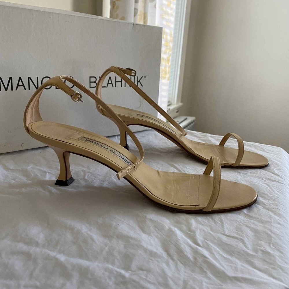 Beige Kitten Heel Manolo Blahnik Sandals